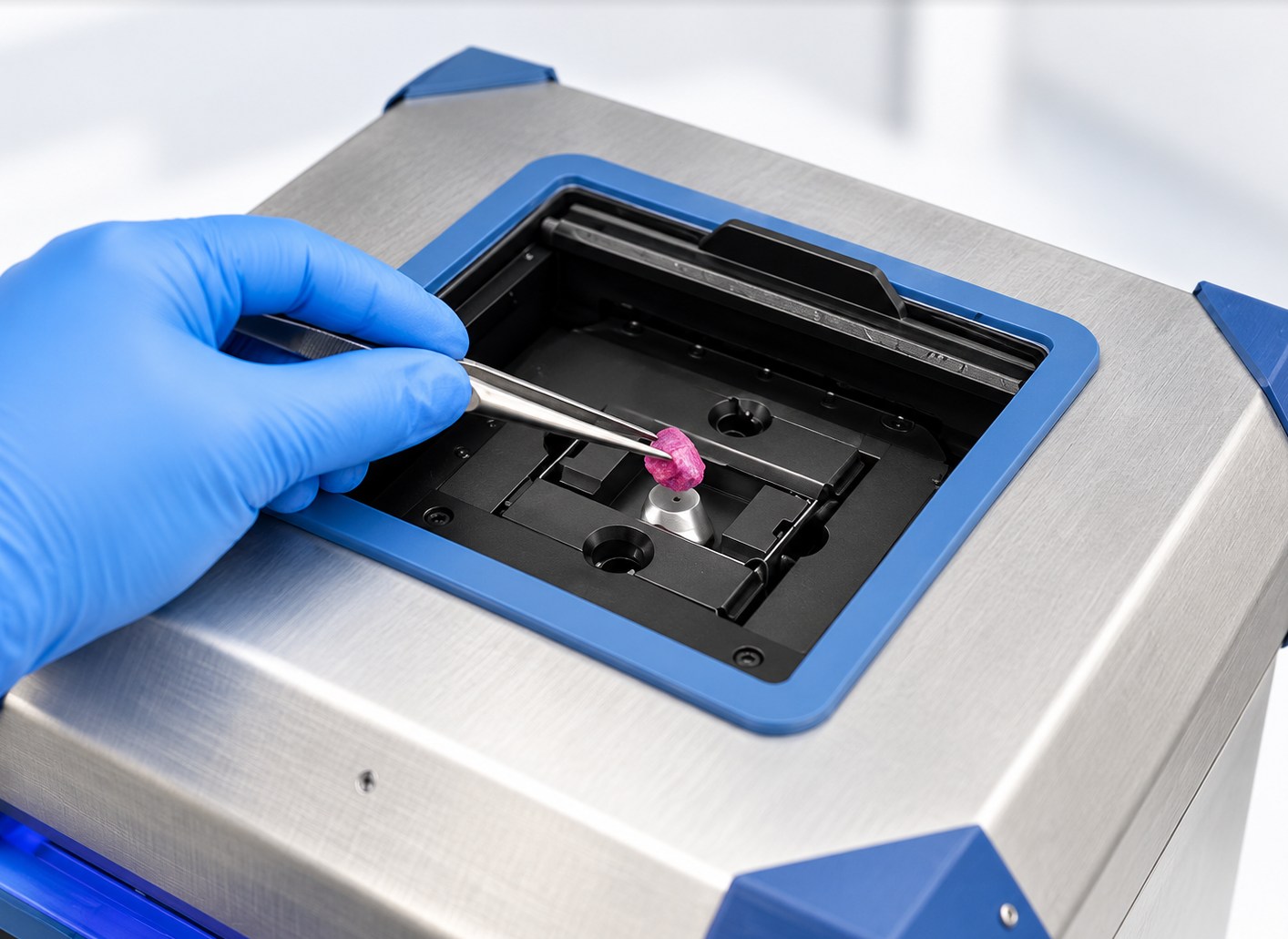 Gloved hand placing fresh tissue in the Nova sample holder